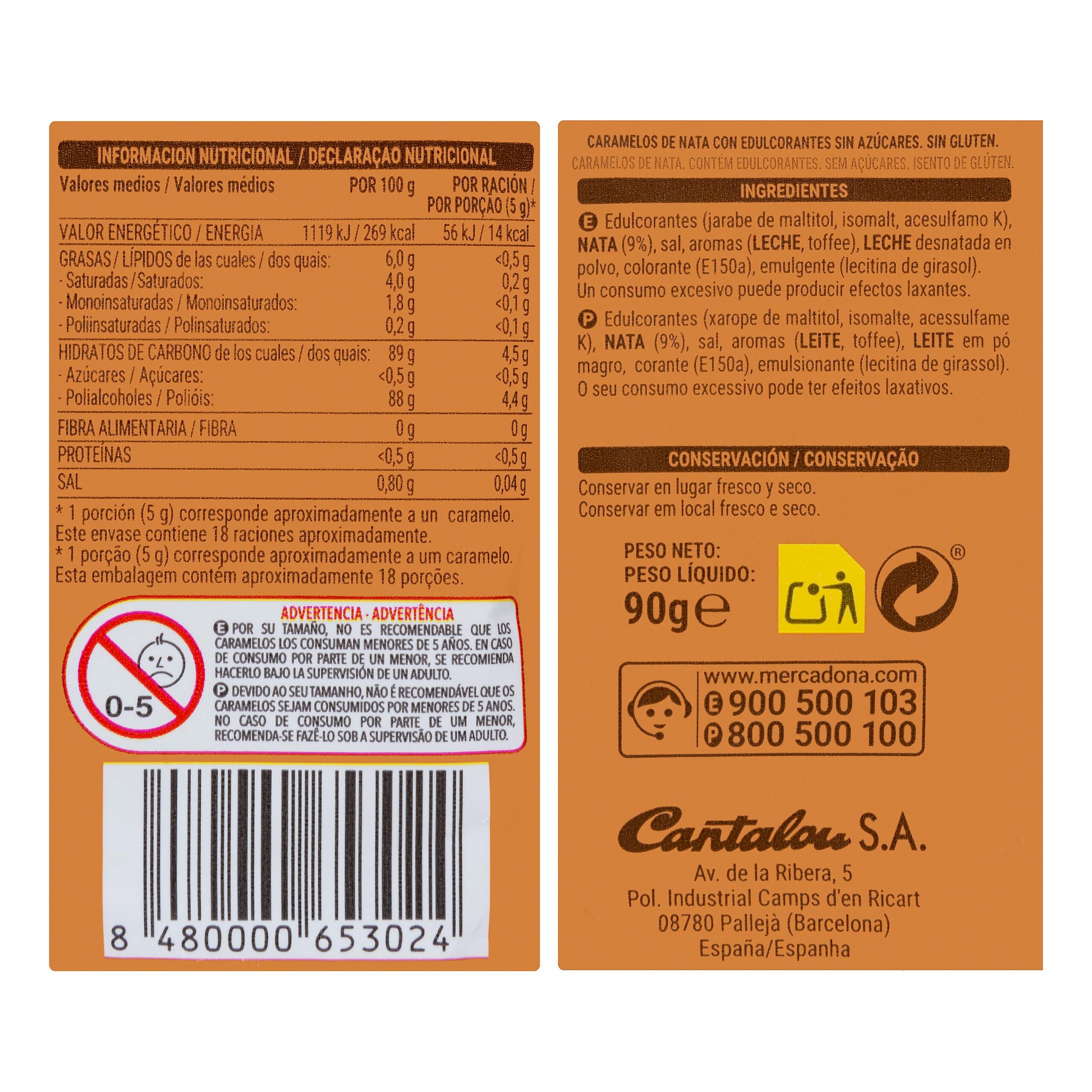Etiqueta Caramelos nata Hacendado 0% azúcares